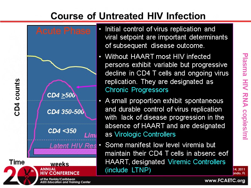 Course of Untreated HIV Infection CD4 counts Plasma HIV RNA copies/ml Time weeks years